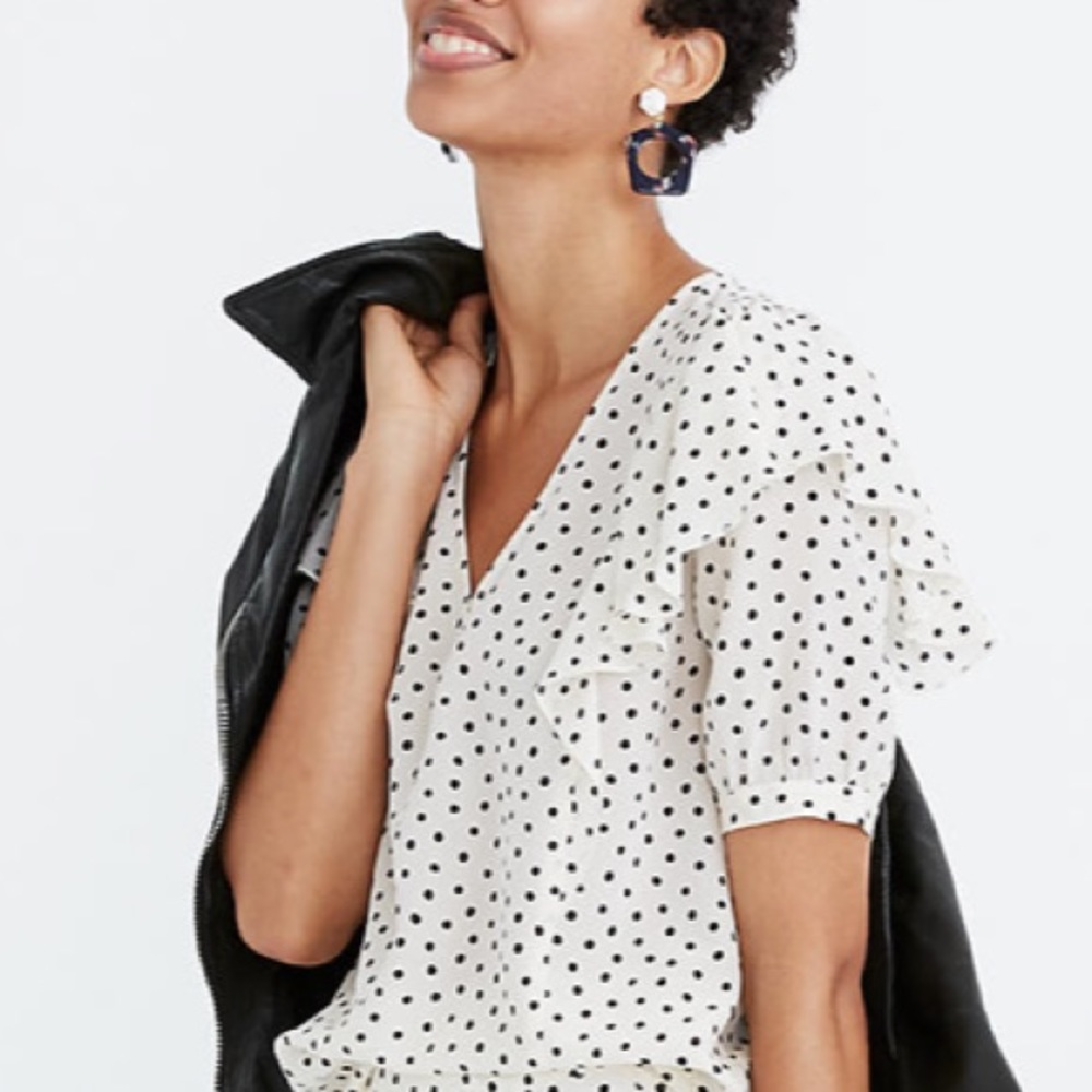Silk V-Neck Shoulder-Ruffle Top in Inkbrush Dots